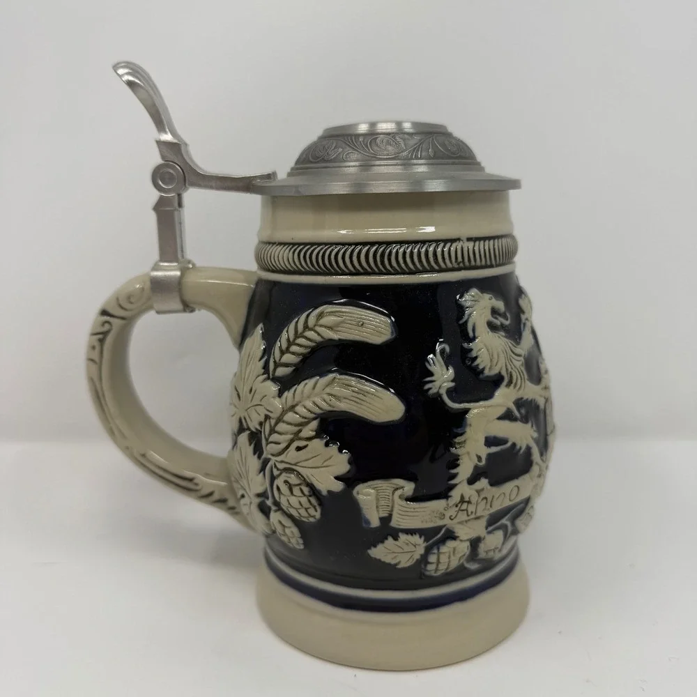 Domex Made in Germany Beer Stein Pewter Lid Ceramic Cobalt Blue Lion Barrel